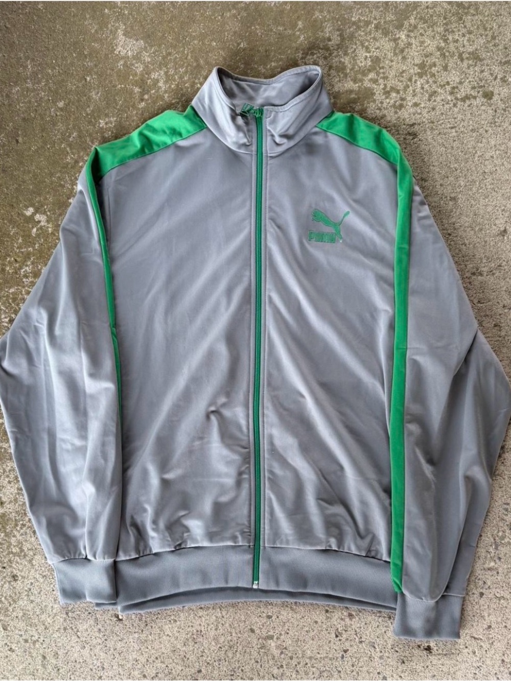 Puma Light Gray Track Jacket with Green Stripes